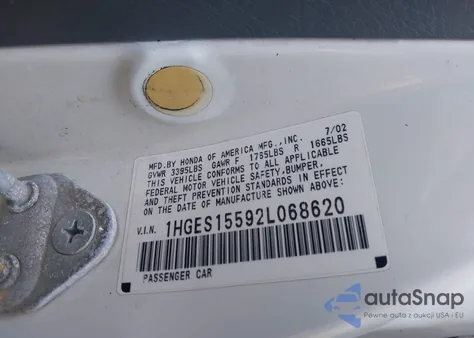 2002 Honda Civic Lx из США, поврежденный, VIN 1HGES15592L068620